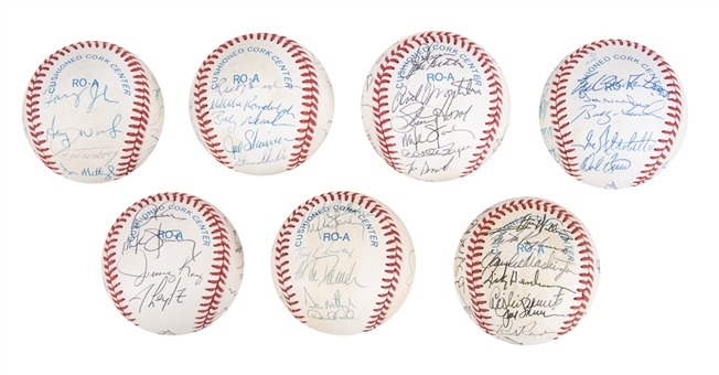 1985-95 New York Yankees Team Signed Baseball Collection of (7) Each With Don Mattingly Including a 1995 Team Signed Baseball with Derek Jeter (JSA Auction LOA)